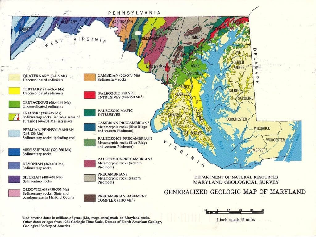 Geologic map of Maryland showing where different types of rocks and geologic features are located across the state