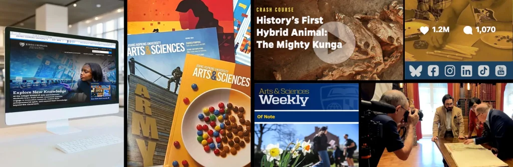 Collage of print and digital projects produced by KSAS comms team. 