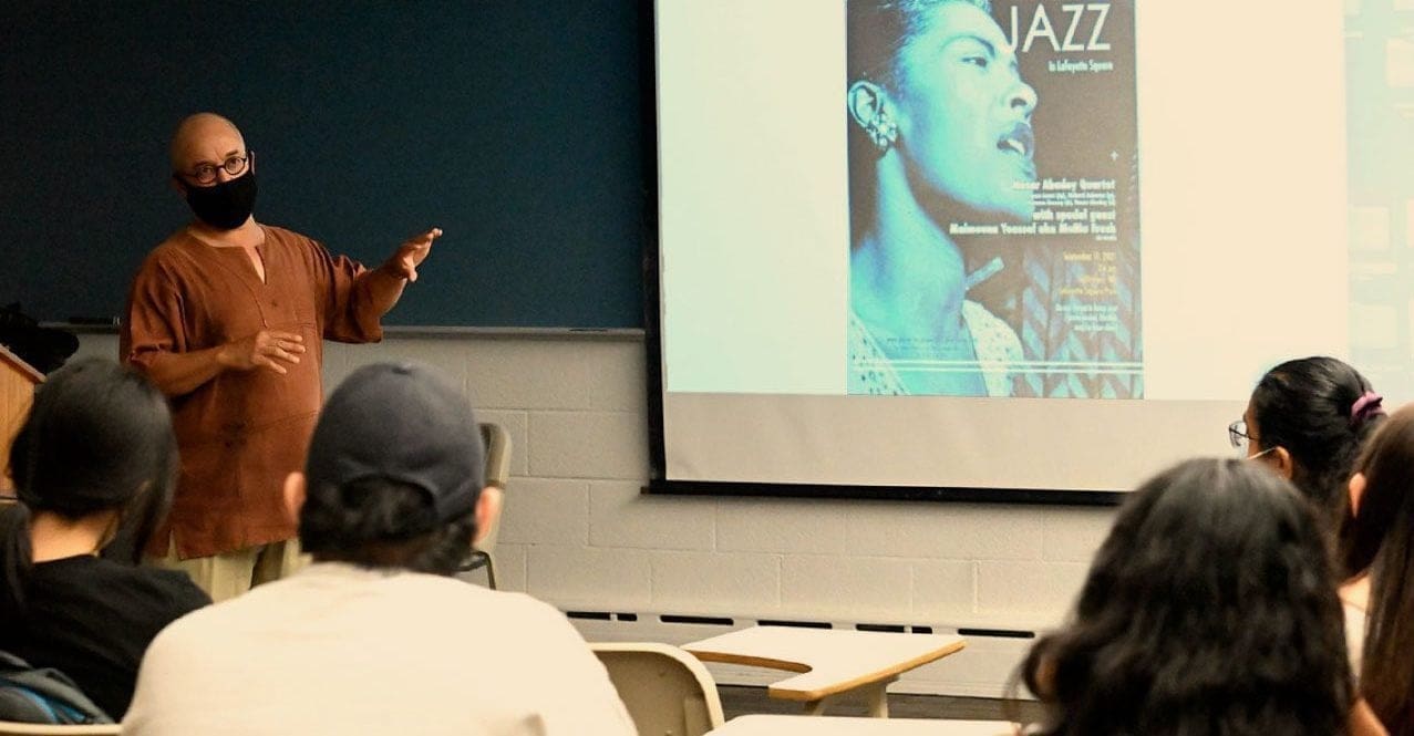 Professor Larry Jackson teaching class on Billie Holiday