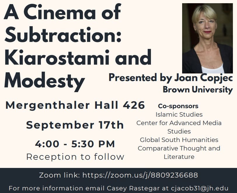 Photo of Joan Copjec in an advertisement for her upcoming colloquium. She has blonde hair and is smiling. She is wearing a black jacket.