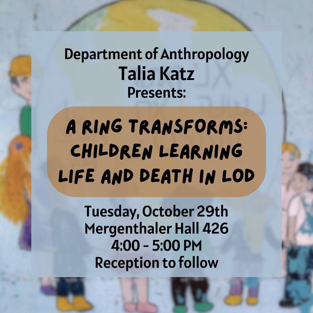 A flyer advertising Talia Katz's talk. The background is a drawing of children surrounding a globe.