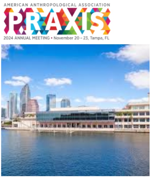 Logo for the 2024 AAA meeting. The theme for this year's meeting is the word "praxis." The cityscape below shows the venue of the conference located in Tampa, Florida.