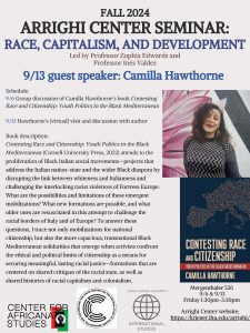 Poster for September 13 Arrighi Center Seminar with Author Camila Hawthorne