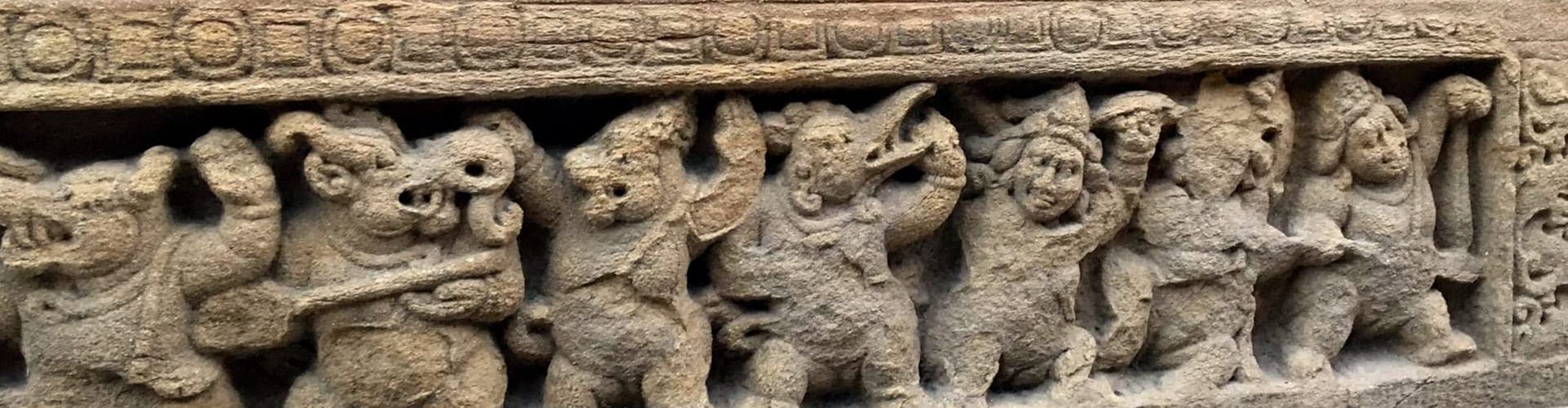 Kailasanatha Temple, Kanchipuram, Tamilnadu, India, detail of exterior relief with long-snouted demons and human figures, c. 700 CE
