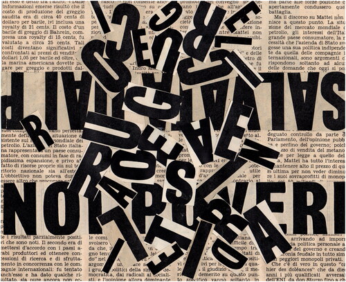 A jumble of black text appearing to emerge from an off-white and black newspaper.