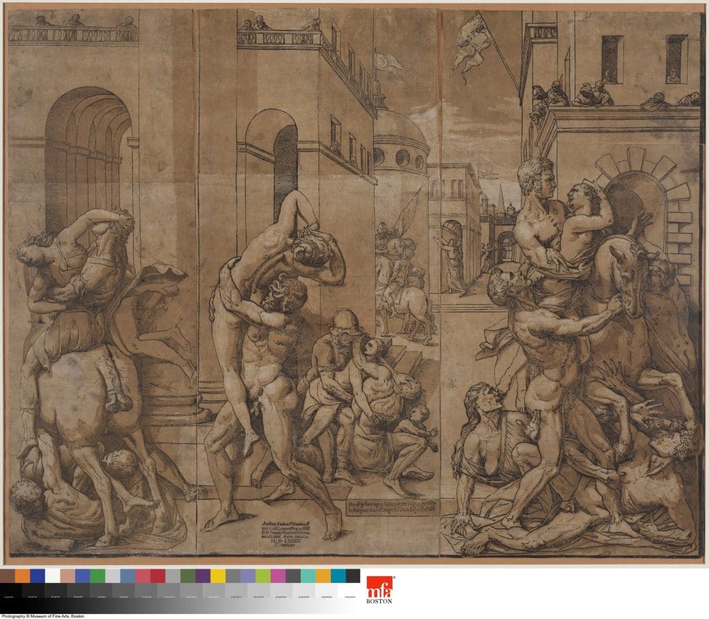 Chiaroscuro woodcut of several idealized figures in motion, holding each other set in a classical Italianate city with many arched walkways and a clear vanishing point. Warm tones depicting the Abduction of the Sabine Women.