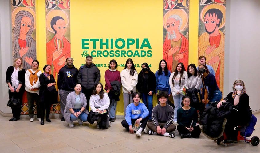 Group shot of first-year seminar (FYS) class trip to the Walters Museum of Art to view exhibit “Ethiopia at the Crossroads” in fall of 2023.