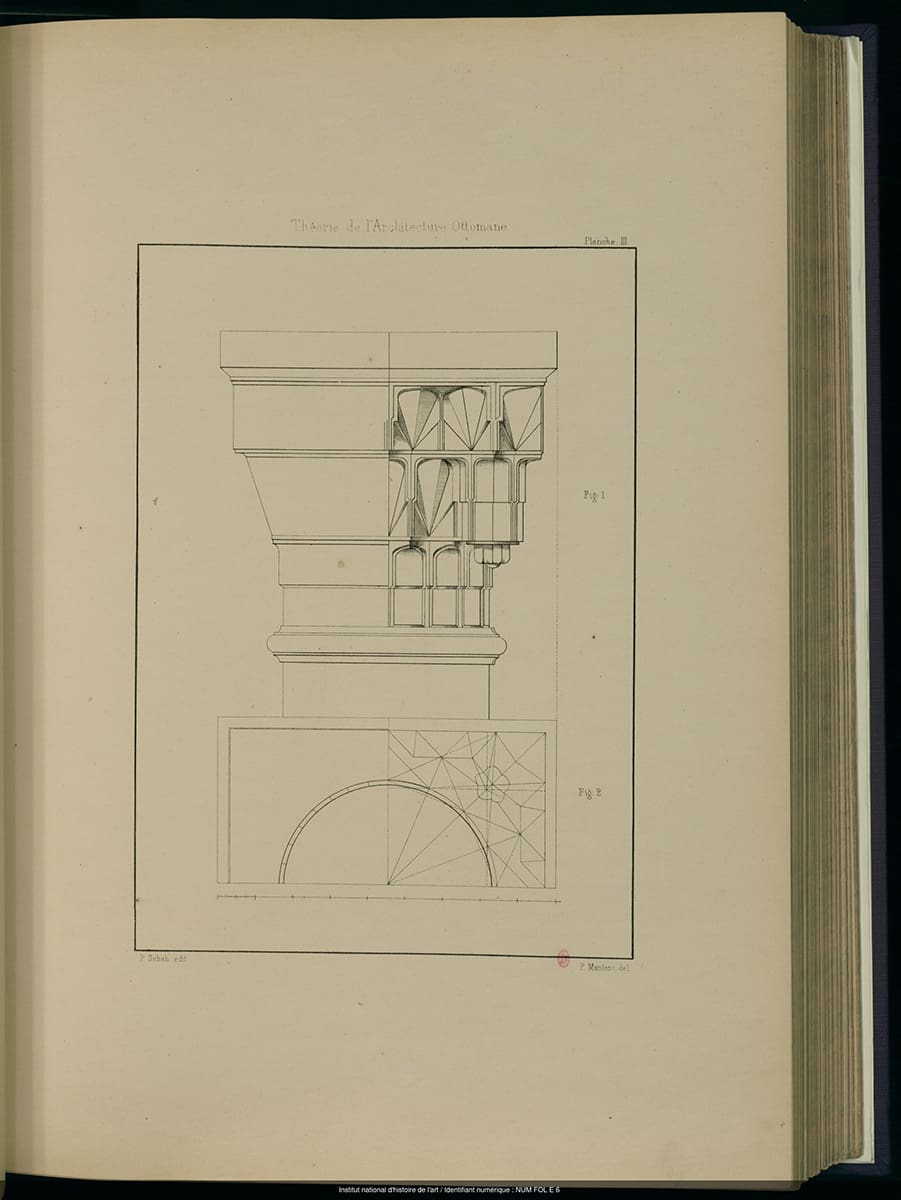 Scanned page of a book showing an architectural drawing of a column and details from side and top.