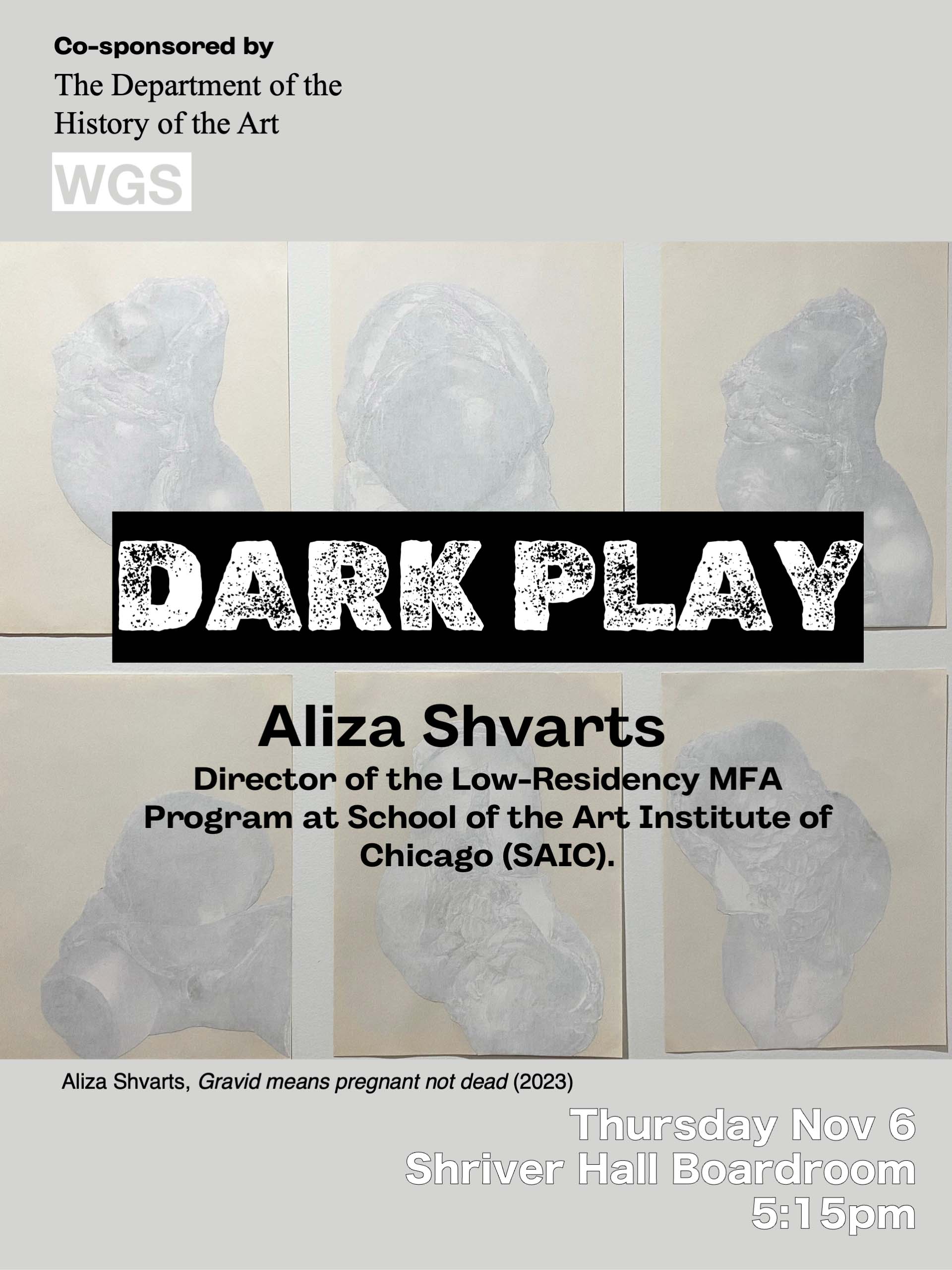 Poster for "Dark Play" featuring event details and a series of abstract drawings in the background.