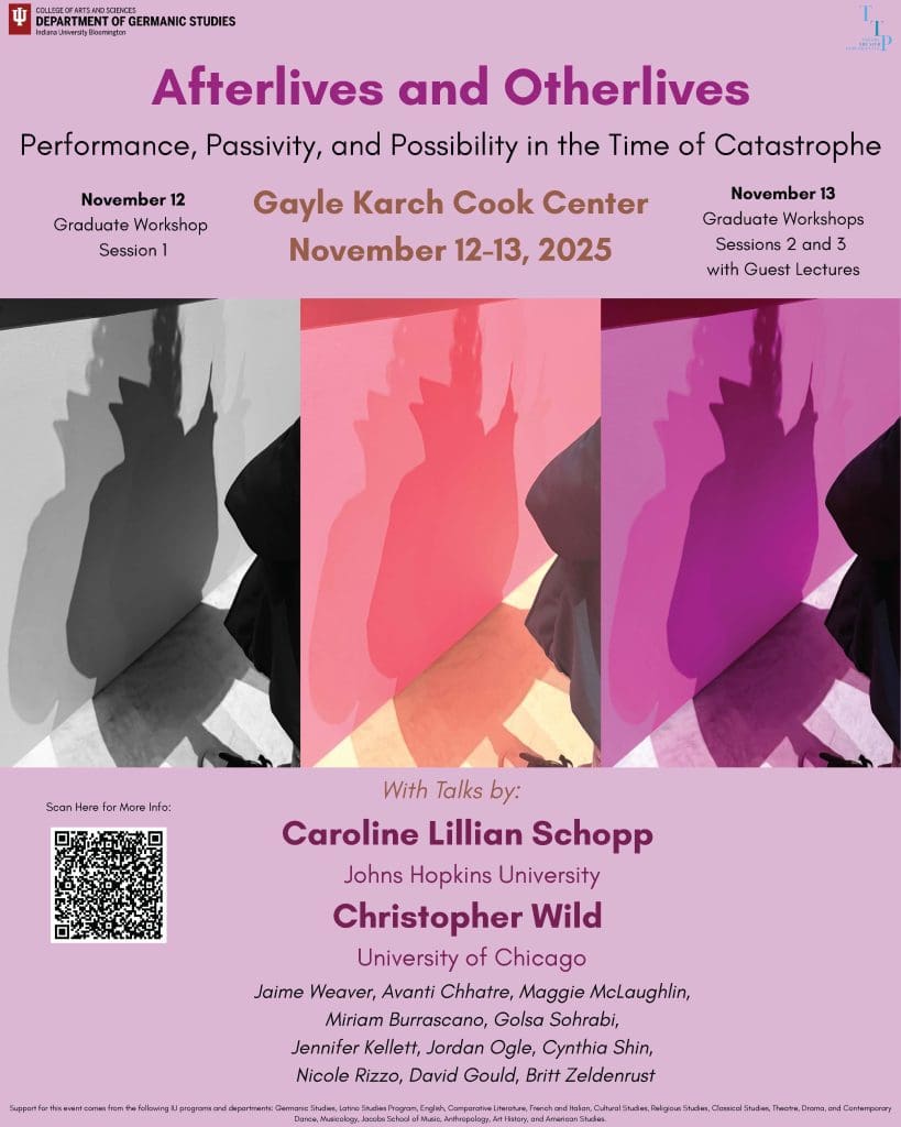 Flyer for graduate conference with conference details for event at Indiana University Bloomington on November 12-13, 2025. Pale mauve background with bold pink headline and repeated abstracted image in blues, pinks and magenta tones.