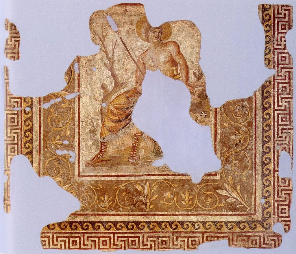 fragment of a mosaic showing Narcissus. Large sections are missing.