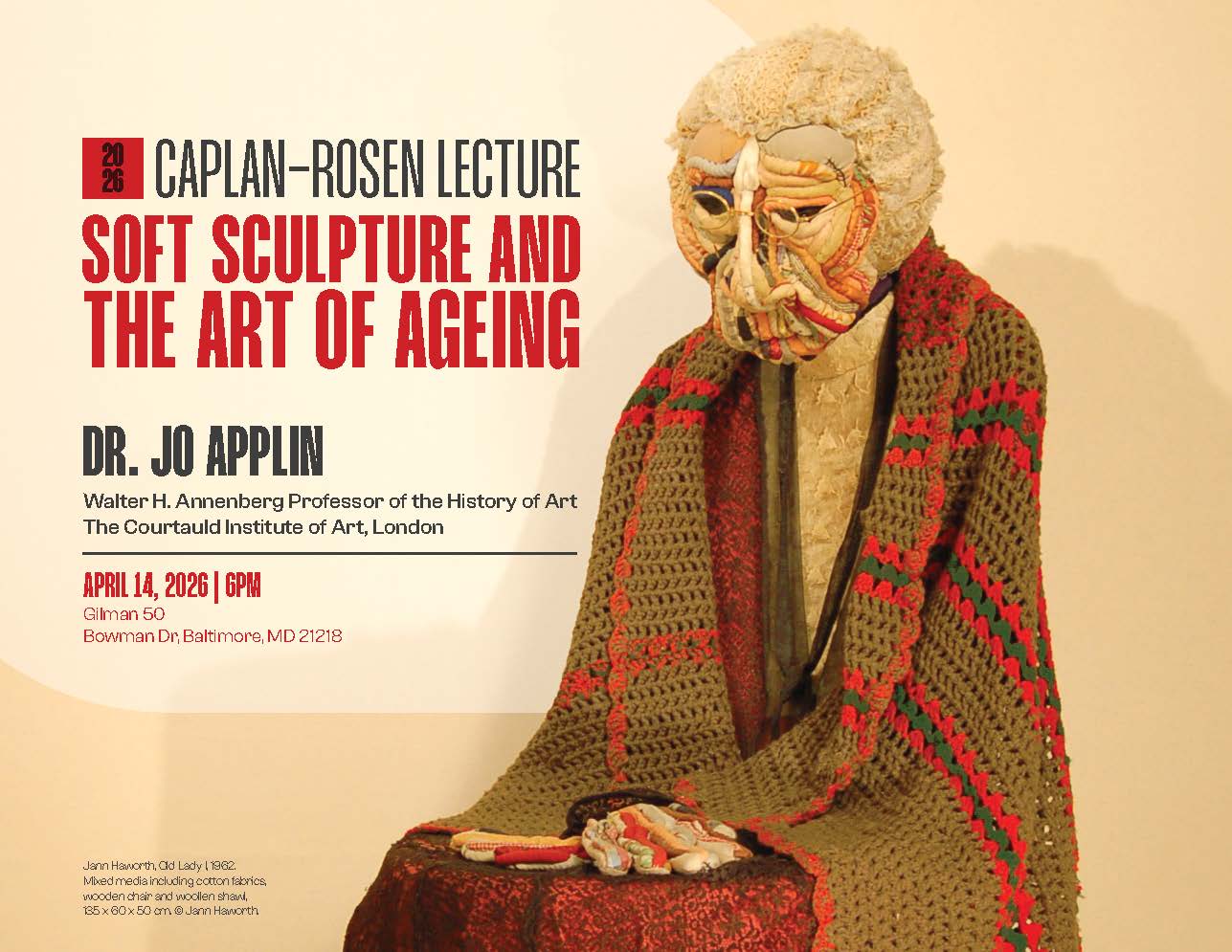 Caplan-Rosen Lecture advertisement featuring a sculpture of an elderly figure wrapped in a colorful shawl.