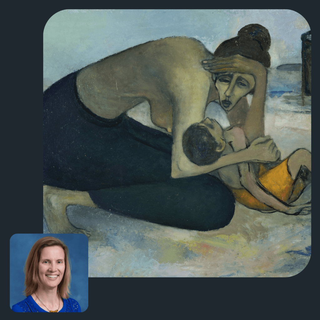 Image of a woman bent over a child with a contemporary picture of a woman inset in the lower left corner.