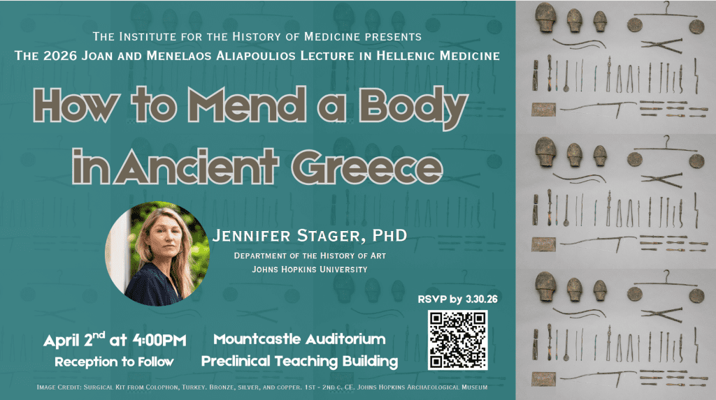 poster of event listing with headshot of blond looking towards camera and ancient tools.