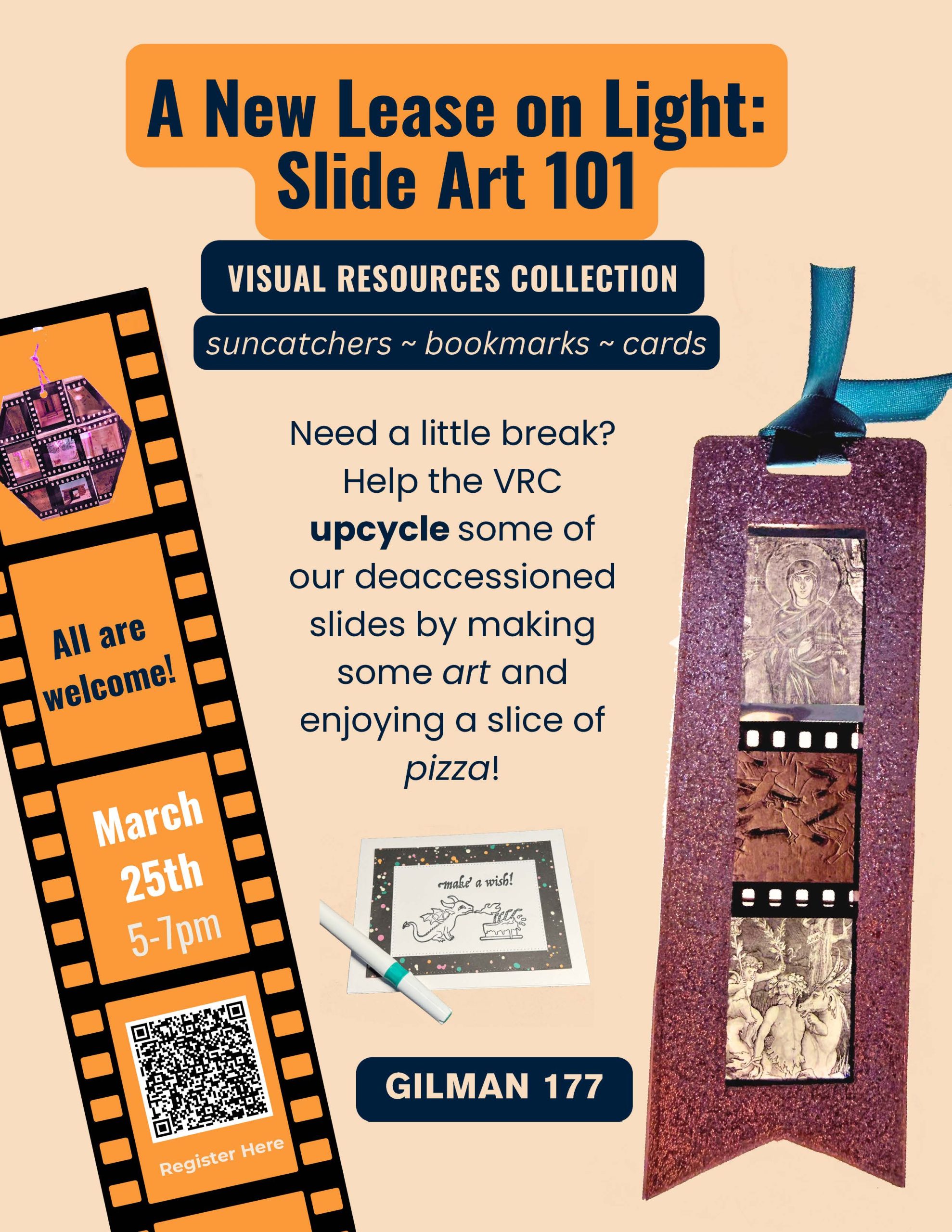 Graphic poster in light orange and tangerine orange with text overlay of event details. Also demonstrates two examples of what can be done with slide art.