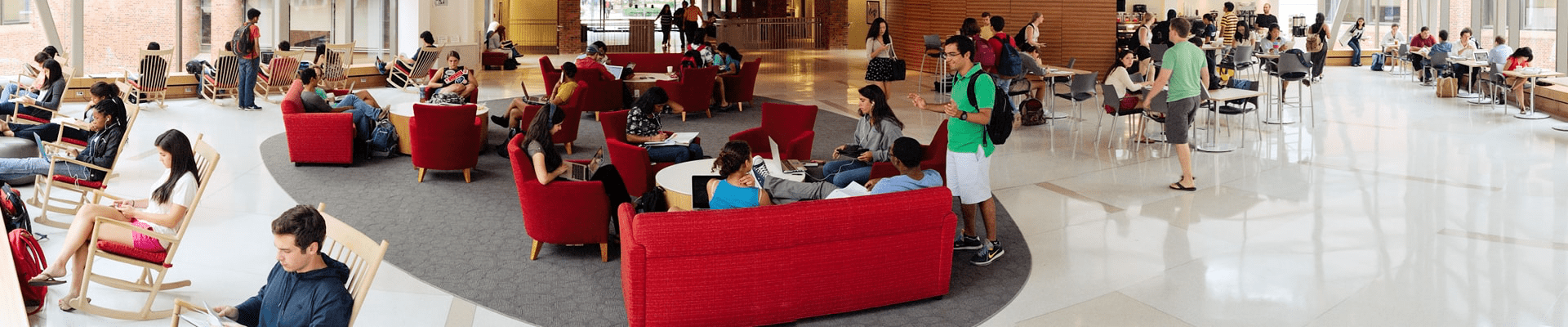 many students studying, reading, and talking in the Mudd Hall atrium