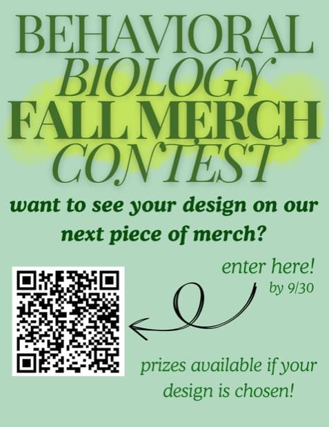 Fall Merch contest sign, a light green background with darker green font. Encourages students to submit their design by Sept 30 and provides a QR code to scan. The link is also provided to click!