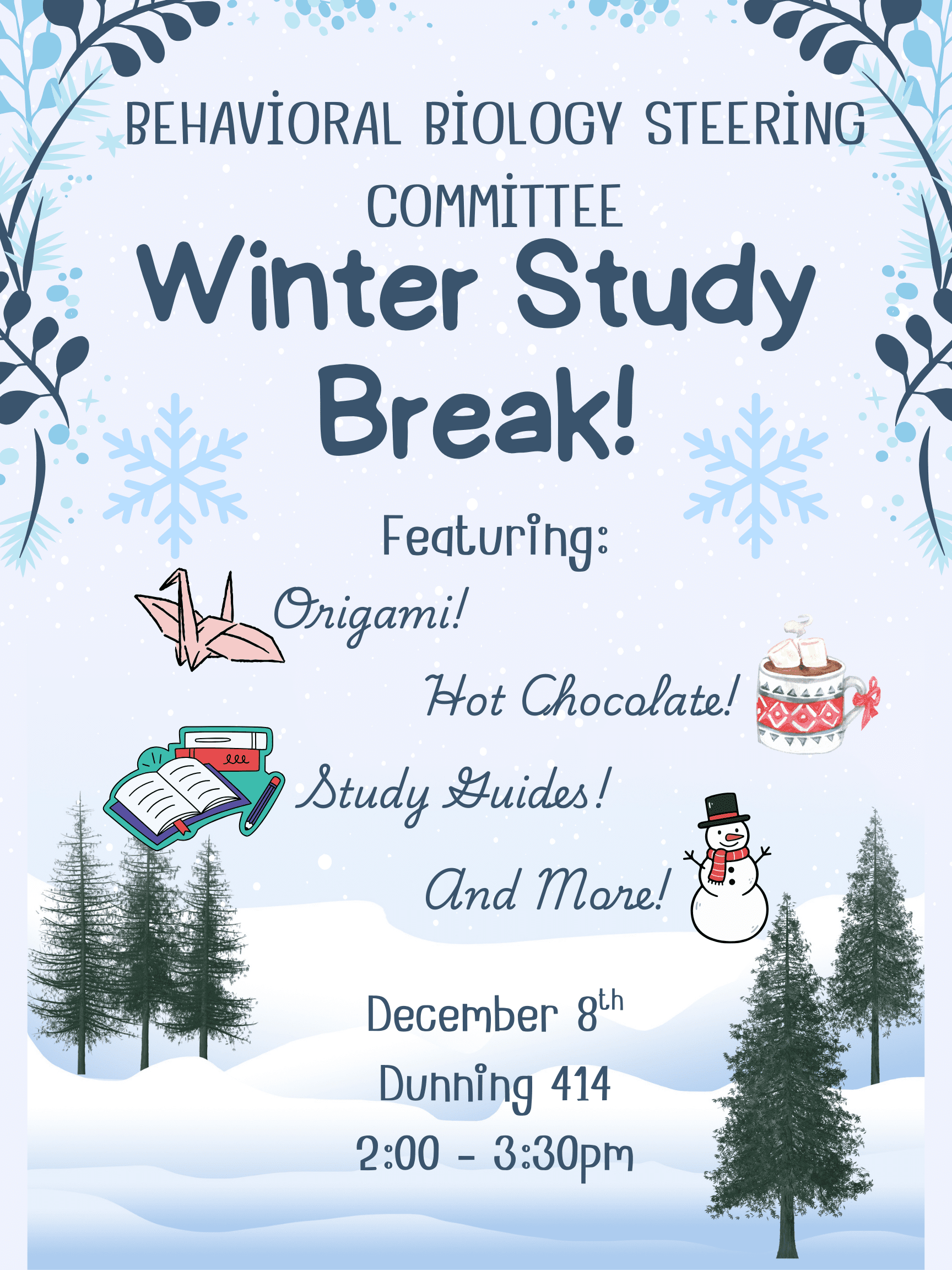 blue background with snowflakes, green winter trees at the bottom.