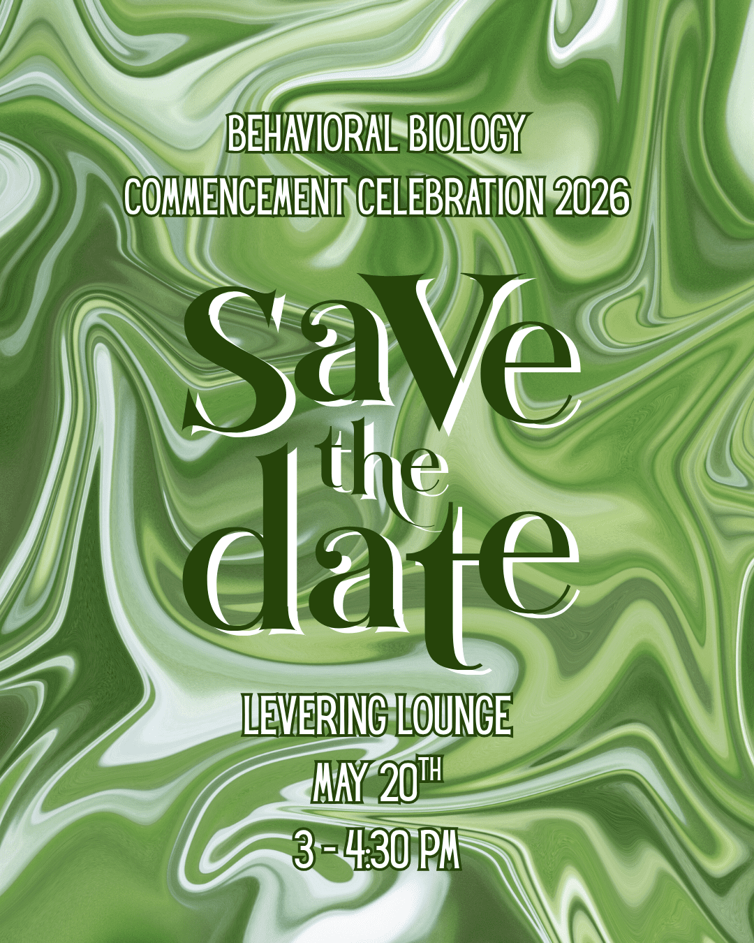 green liquid background in different shades. Large text reads "Save the Date" with the details of the event time below.