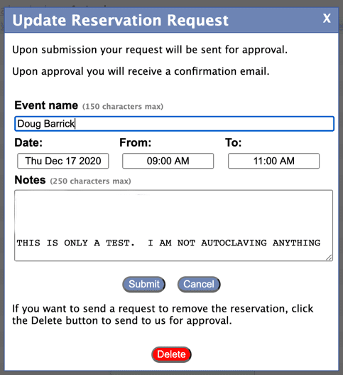 Update Reservation request Via Krescal.jhu.edu/bph