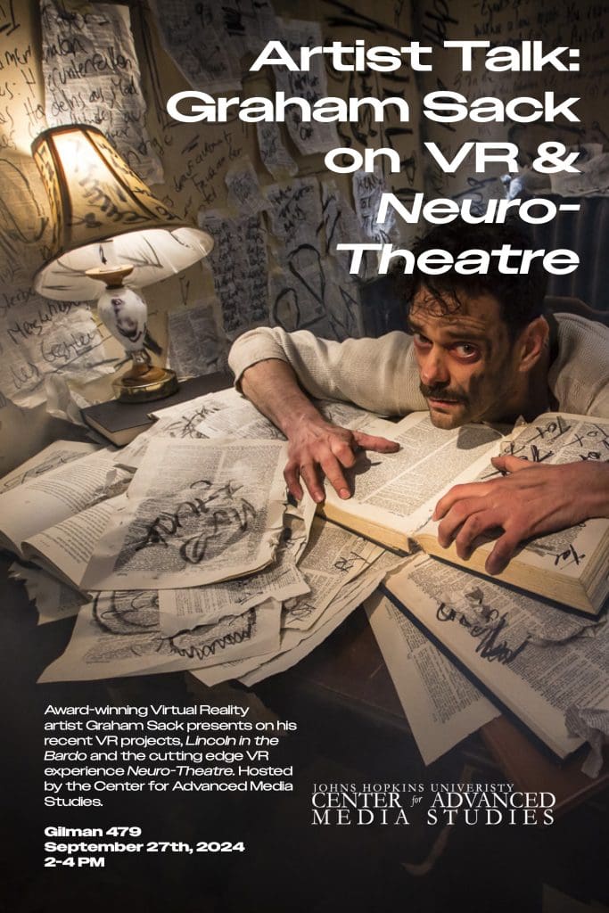 Poster for event featuring man at desk with papers all over walls