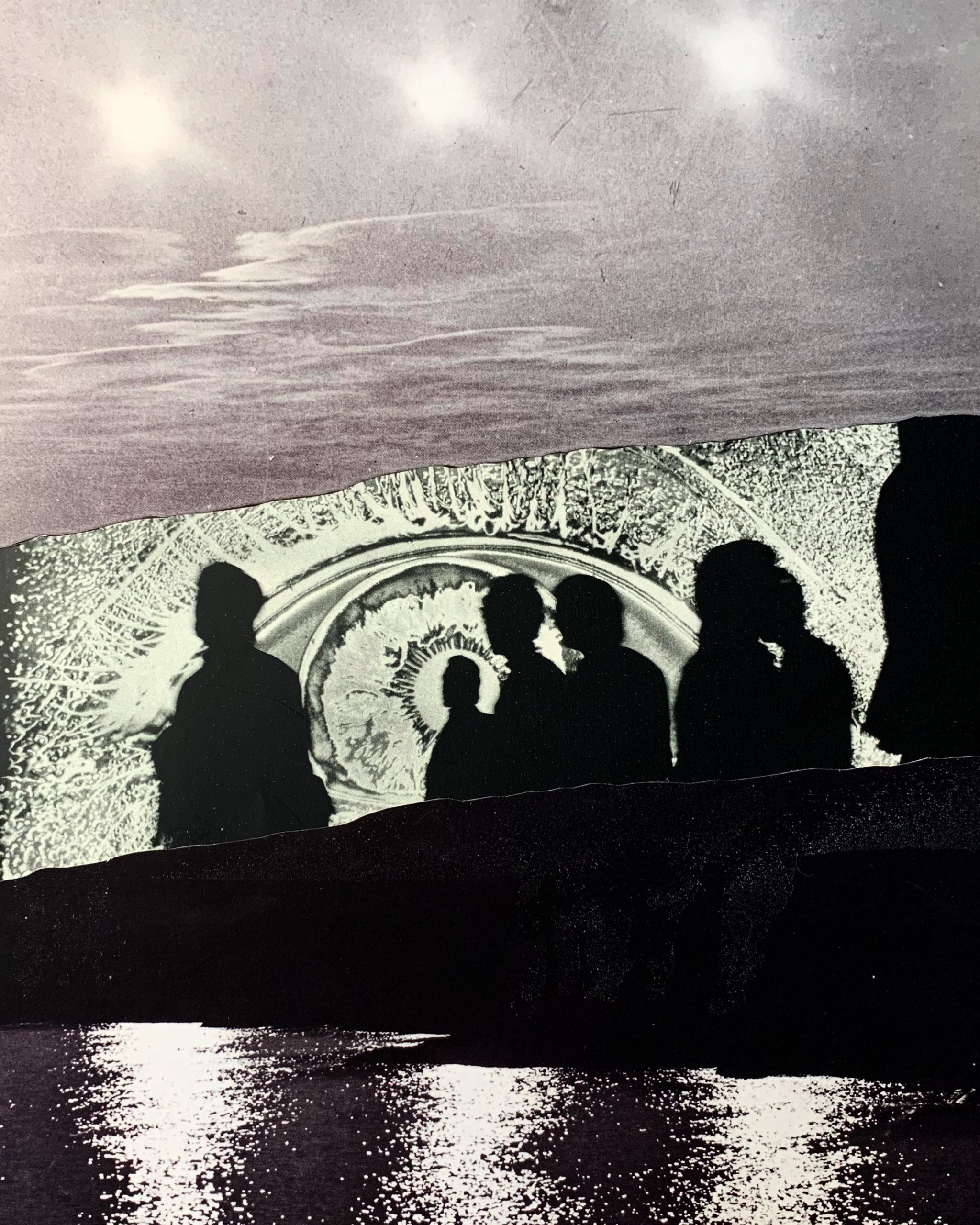 Collage with sky and water and currency with black silhouettes in front