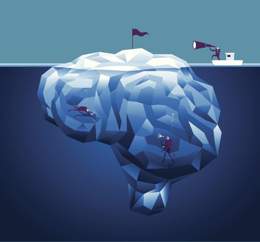 A brain that appears like an iceberg in water with much hidden below the surface.