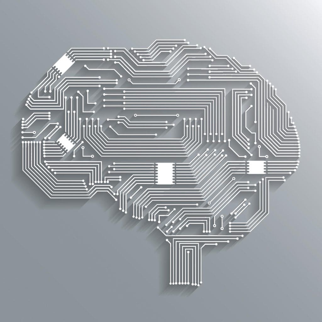 Electronic computer technology circuit board brain shape background or emblem isolated vector illustration