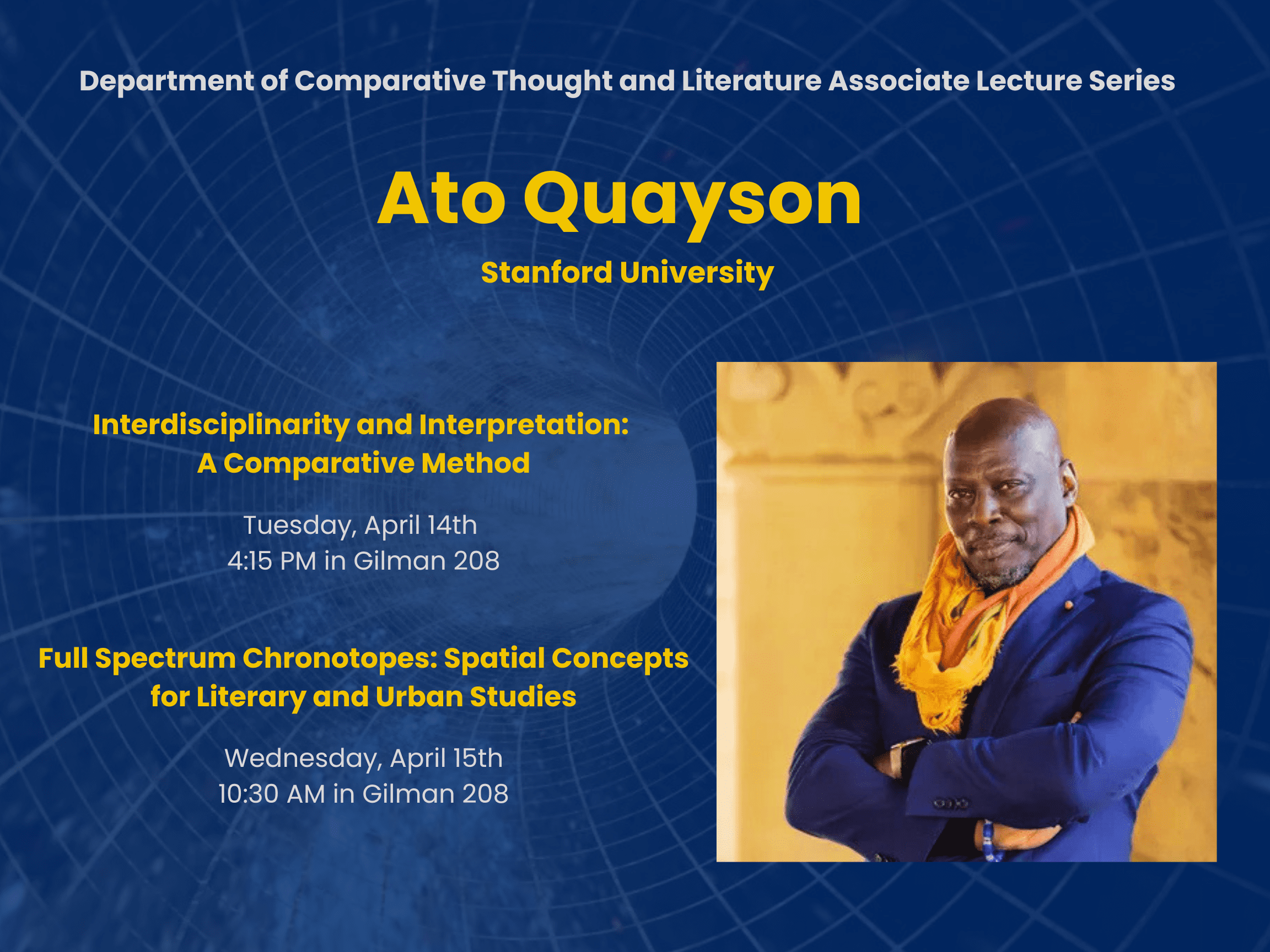 Event poster featuring promotional image of Ato Quayson.