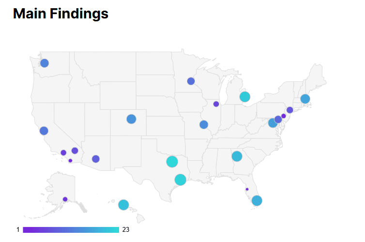 Map of United States with dots in specific locations