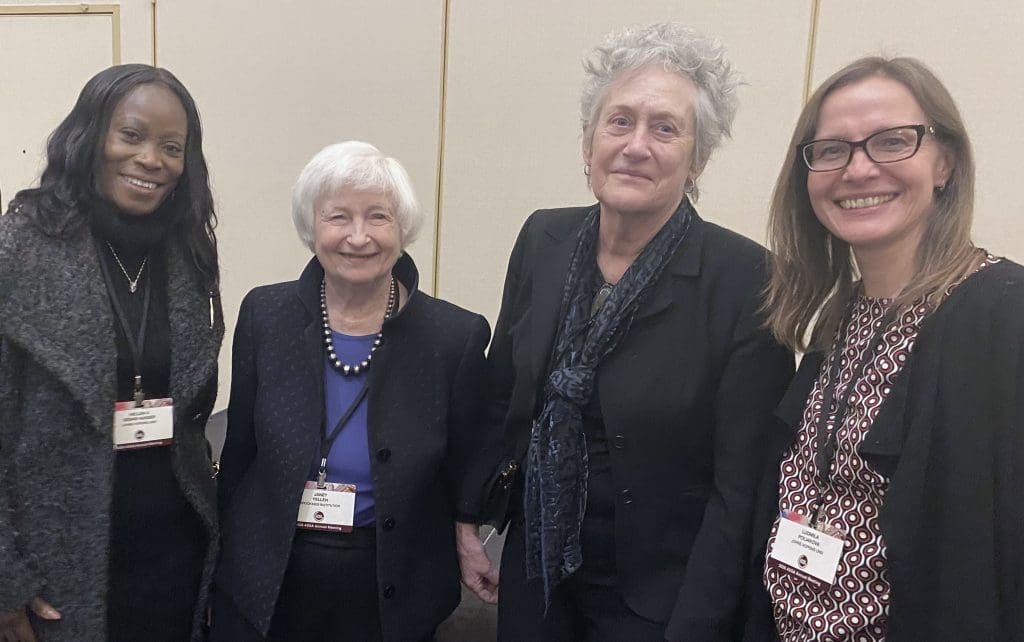 Drs. Morgan, Poliakova, and Seshie with Dr. Janet Yellen