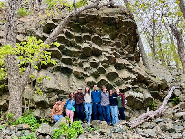 Students in Shenandoah National Park examining evidence of ancient vulcanism