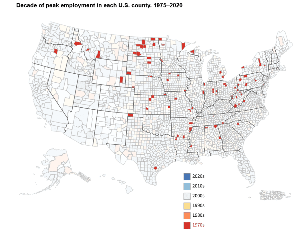US map showing decade of peak employment by county, 1975-2020