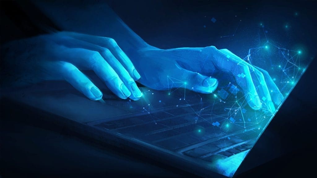 digitally rendered blue hands over a keybord