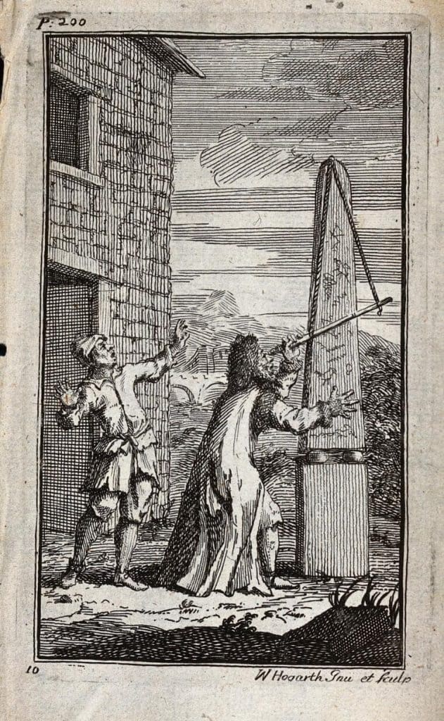 Etching of astronomer using telescope with astonished assistant at left.