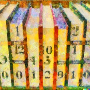 a monet painting of library books with numbers created by Dall-E