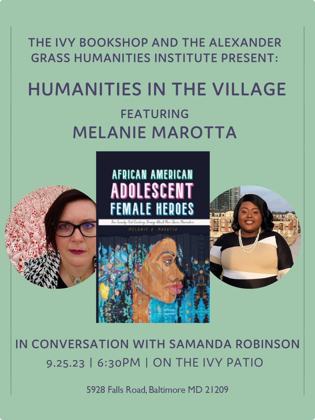Flyer for Humanities in the Village featuring Melanie Marotta with Samanda Robinson, in conversation at the Ivy on September 25.