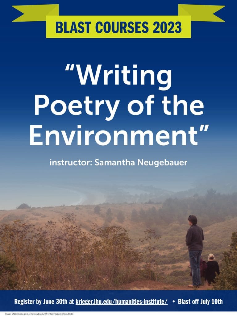 Poster for "Writing Poetry and the Poetics of the Environment" with Samantha Neugebauer, featuring background photograph of walker gazing out at moor seaside landscape in foggy weather.