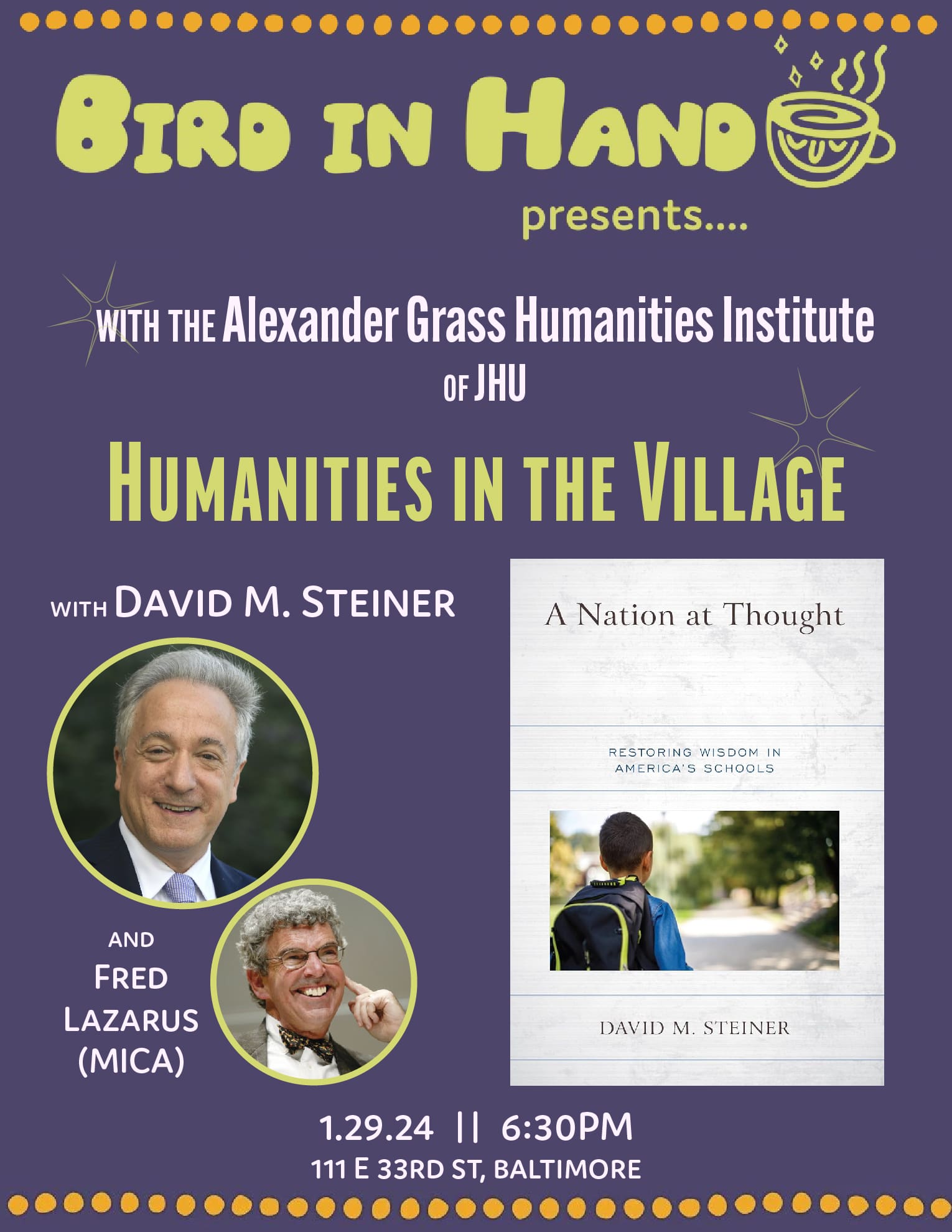 Humanities in the Village flyer for David Steiner's book, "A Nation at Thought," with Fred Lazarus, on Jan. 29th.