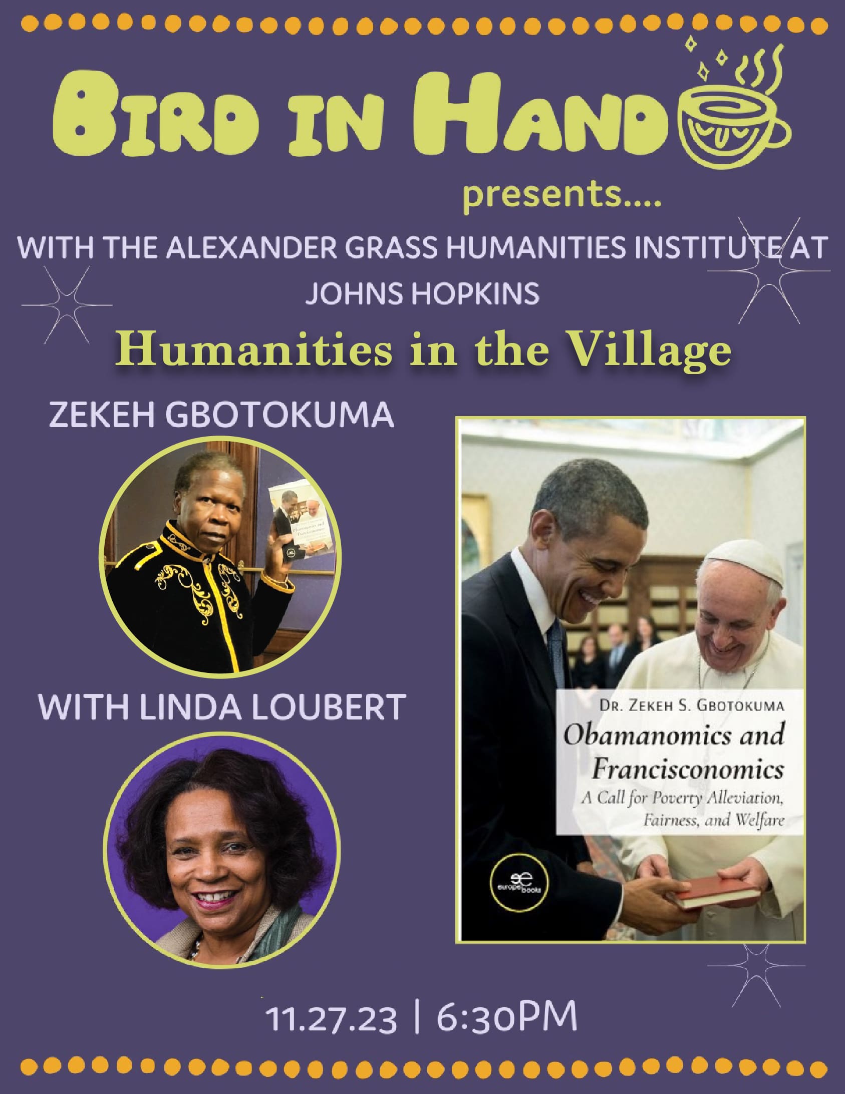 Flyer for Humanities in the Village at Bird in Hand on Nov. 27th with Zekeh Gbotokuma and Linda Loubert.