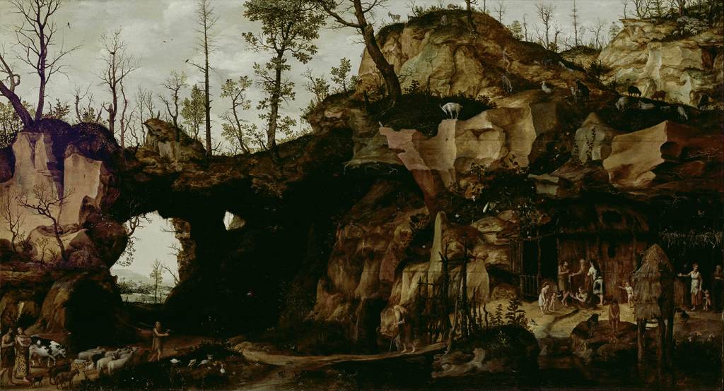 oil painting of people standing under a mountain rock with small trees and bushes