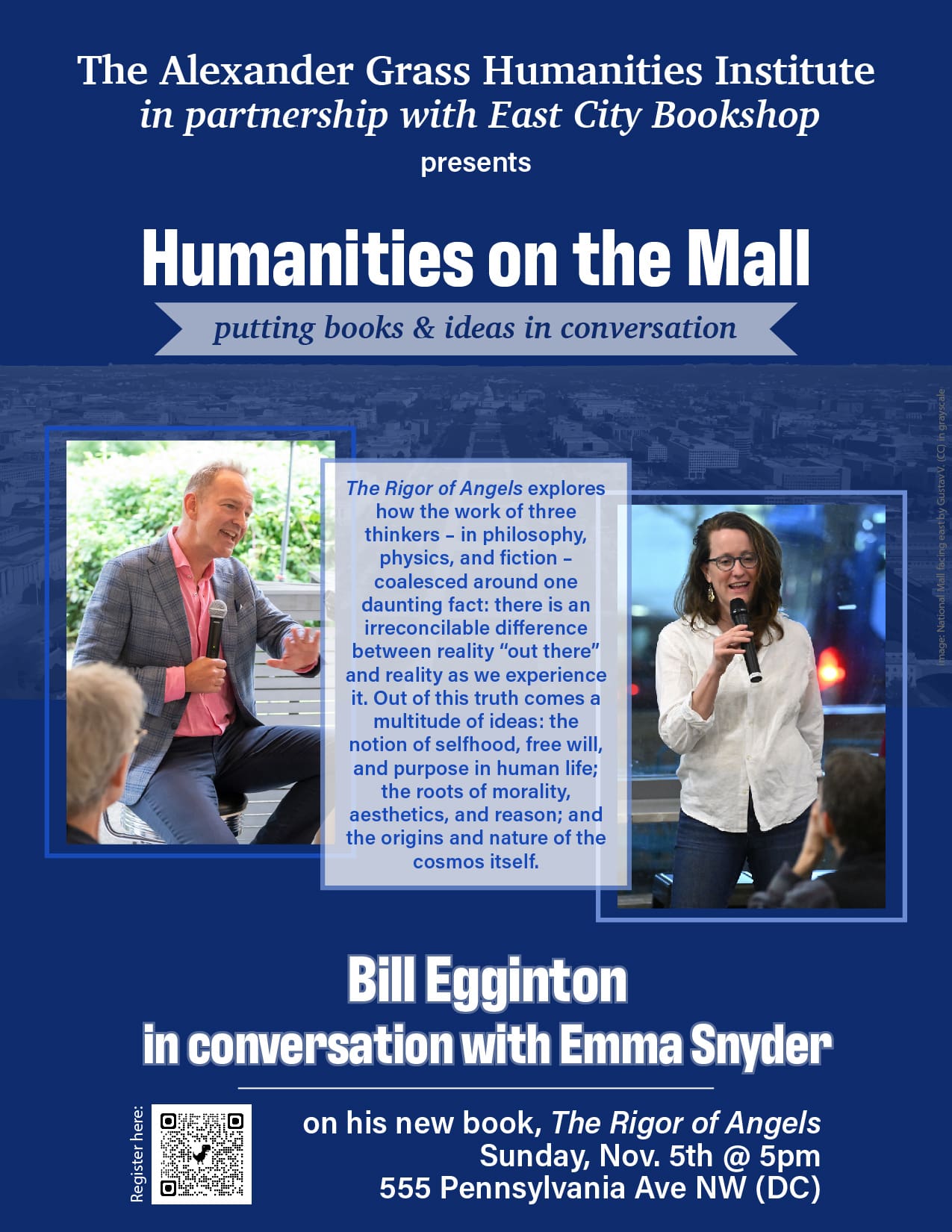 Poster for Humanities on the Mall with Bill Egginton and Emma Snyder, on November 5th, with QR code.