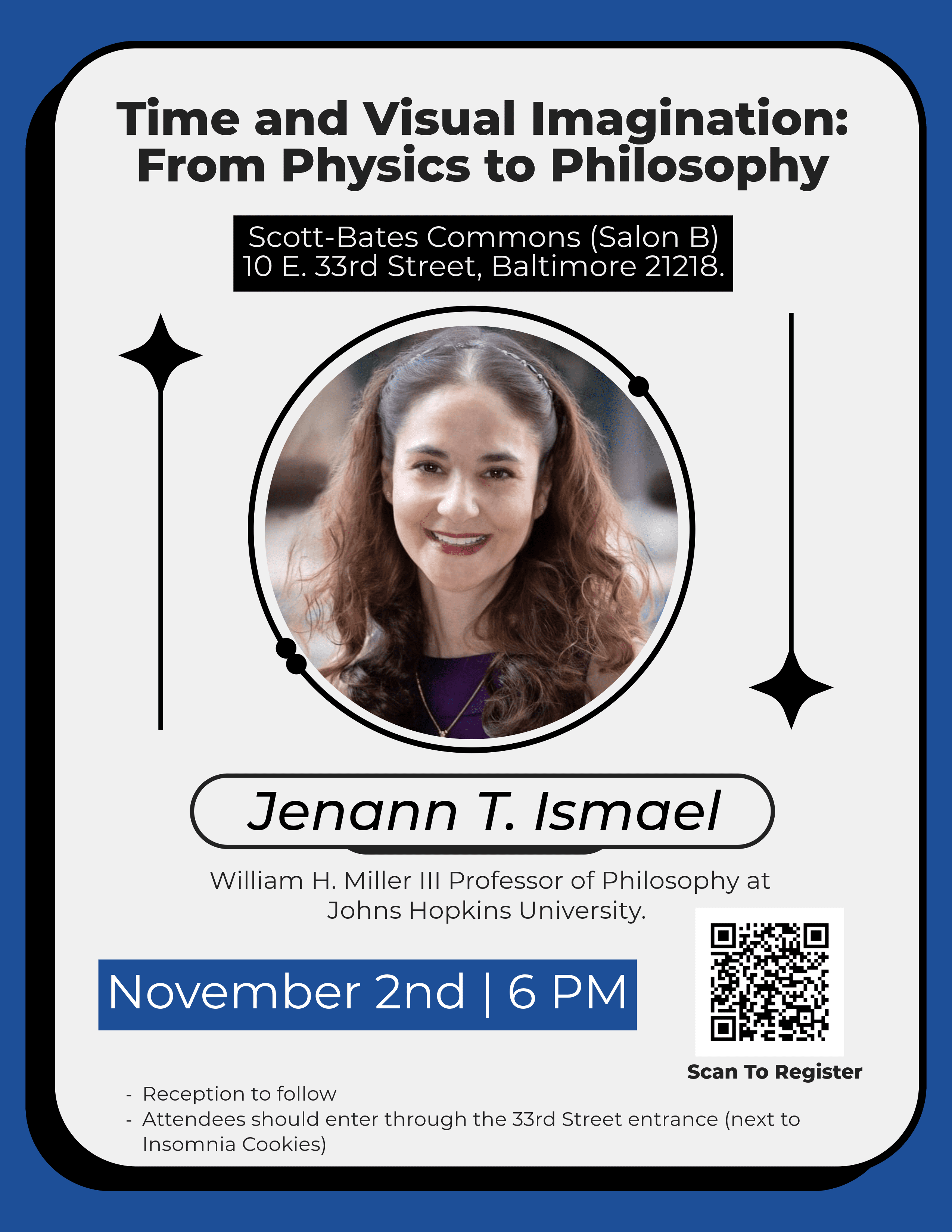 Poster for New Faculty Lecture featuring Jenann Ismael.