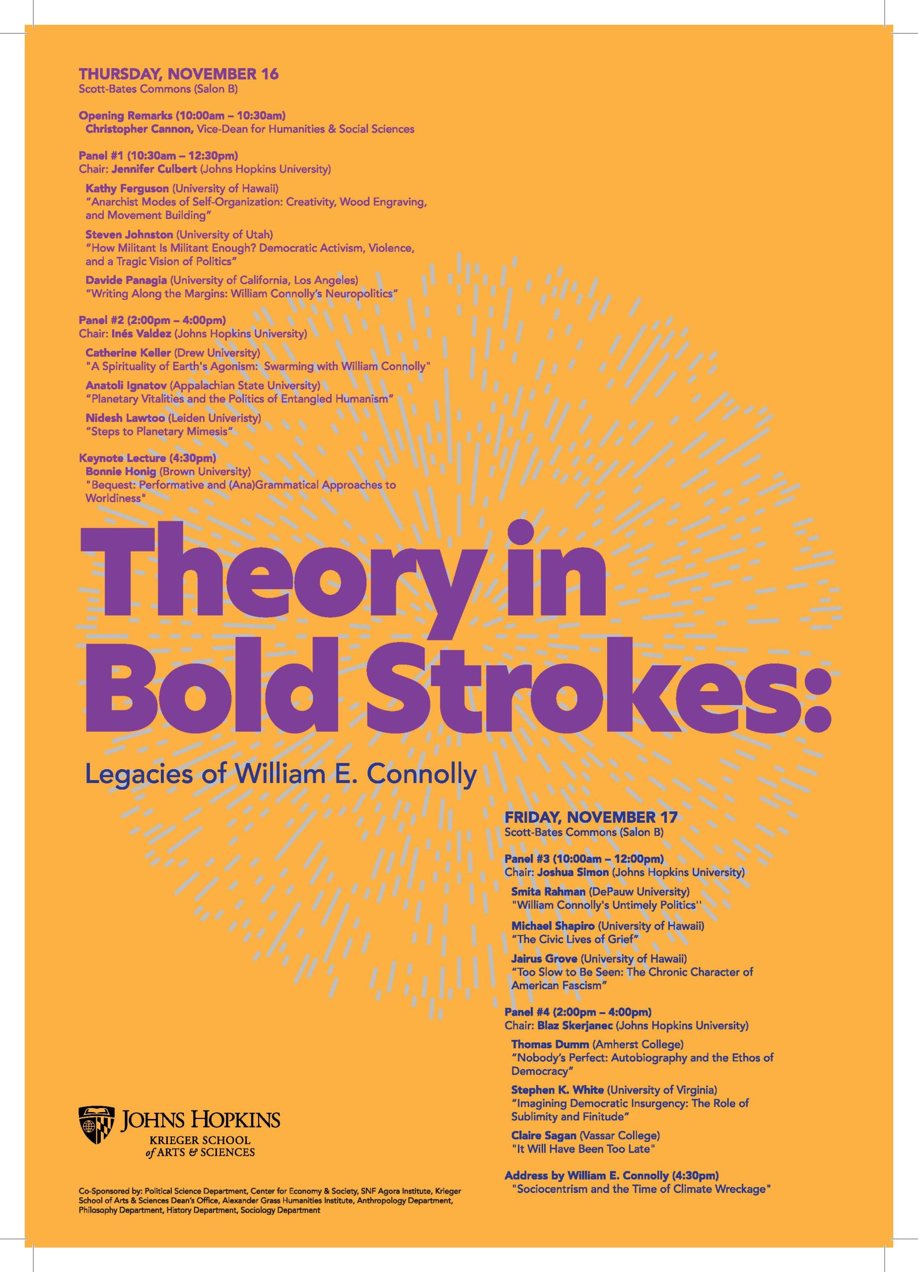 Poster for "Theory in Bold Strokes" symposium in celebration of Bill Connolly's retirement.