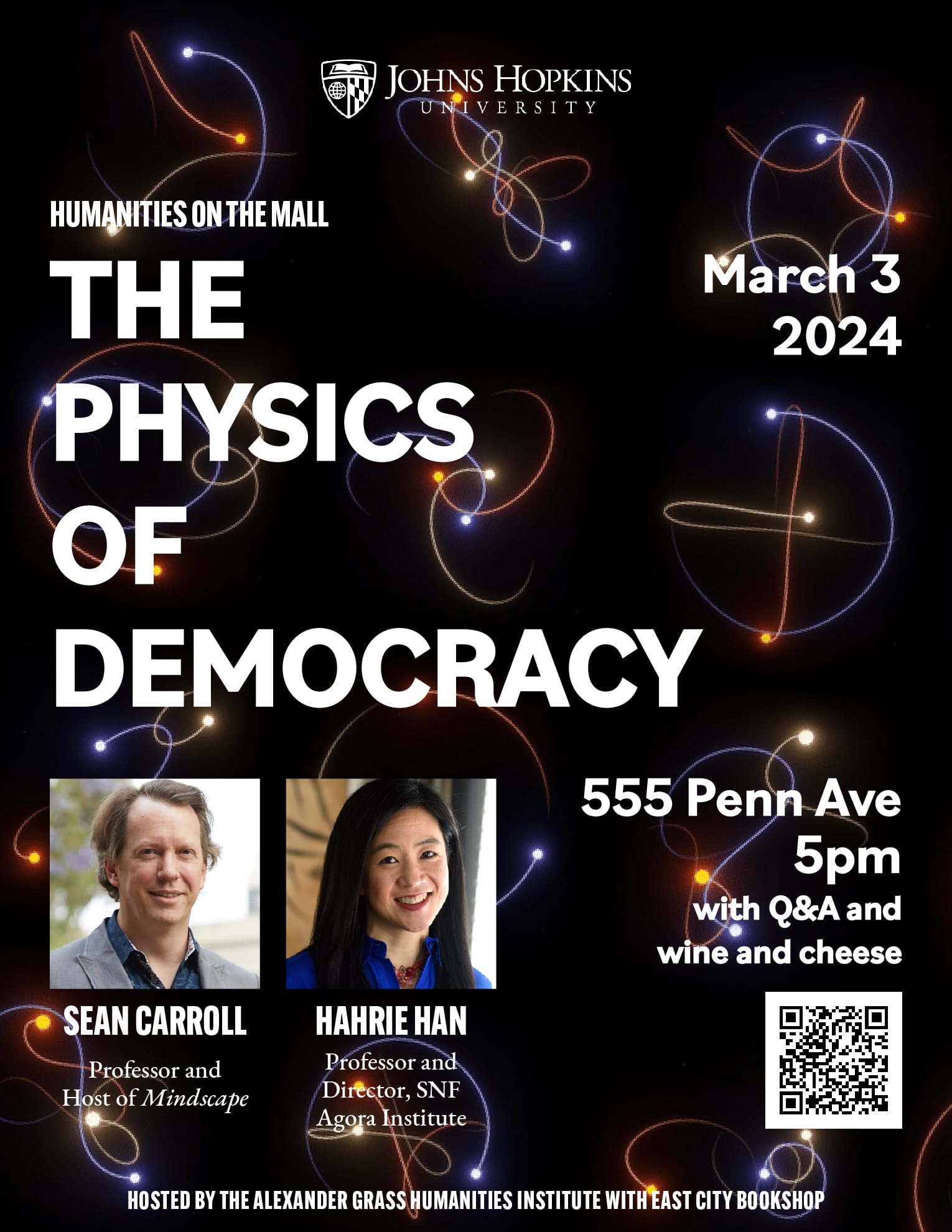 Poster with new dates for Sean Carroll and Hahrie Han for Humanities on the Mall.