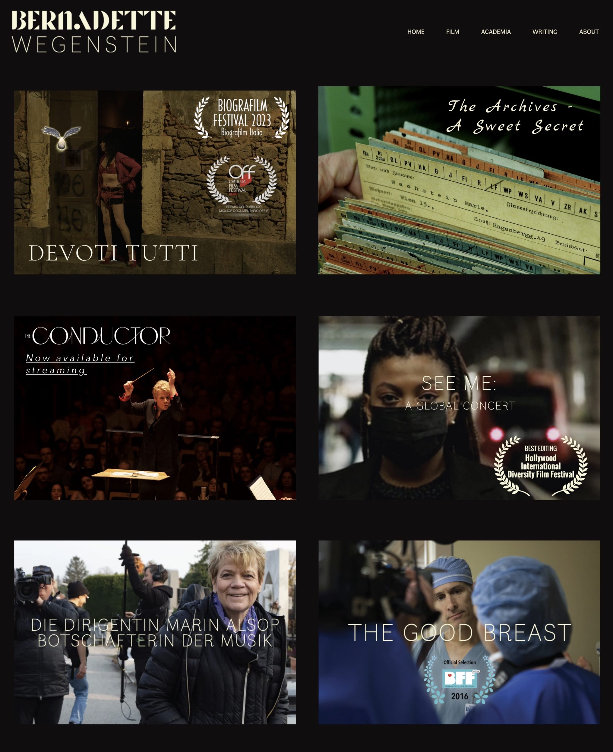 Screenshot of Bernadette Wegenstein's website, featuring six film titlecards (including Devoti Tutti and The Conductor).