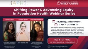 Webinar banner for the "Shifting Power And Advancing Equity In Population Health Webinar Series," featuring JHU's Vincenza Mazzeo.