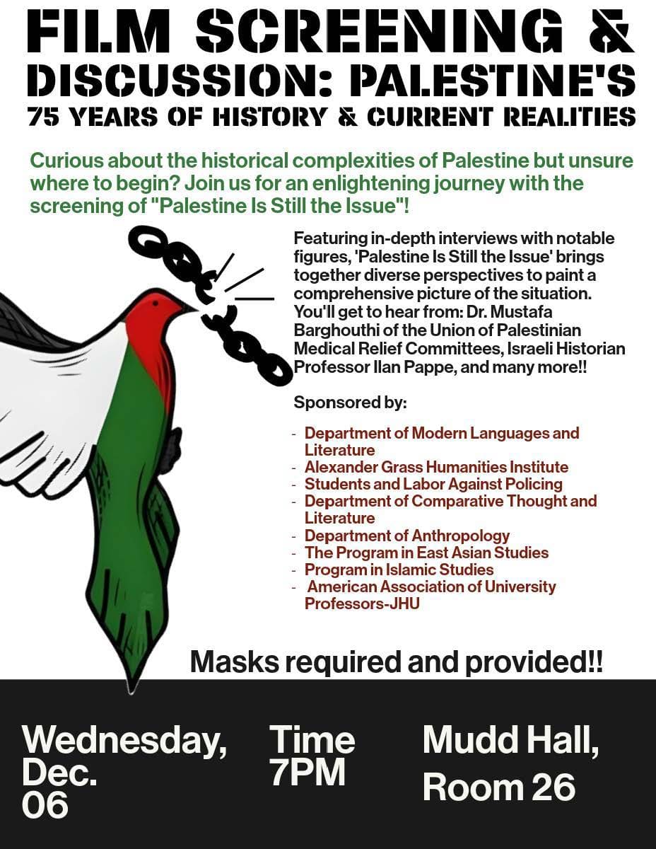 Poster for Gaza Film Screening featuring info about the event and a graphic of a dove in the shape of Palestine, colored with the colors of the Palestinian flag, breaking chains.