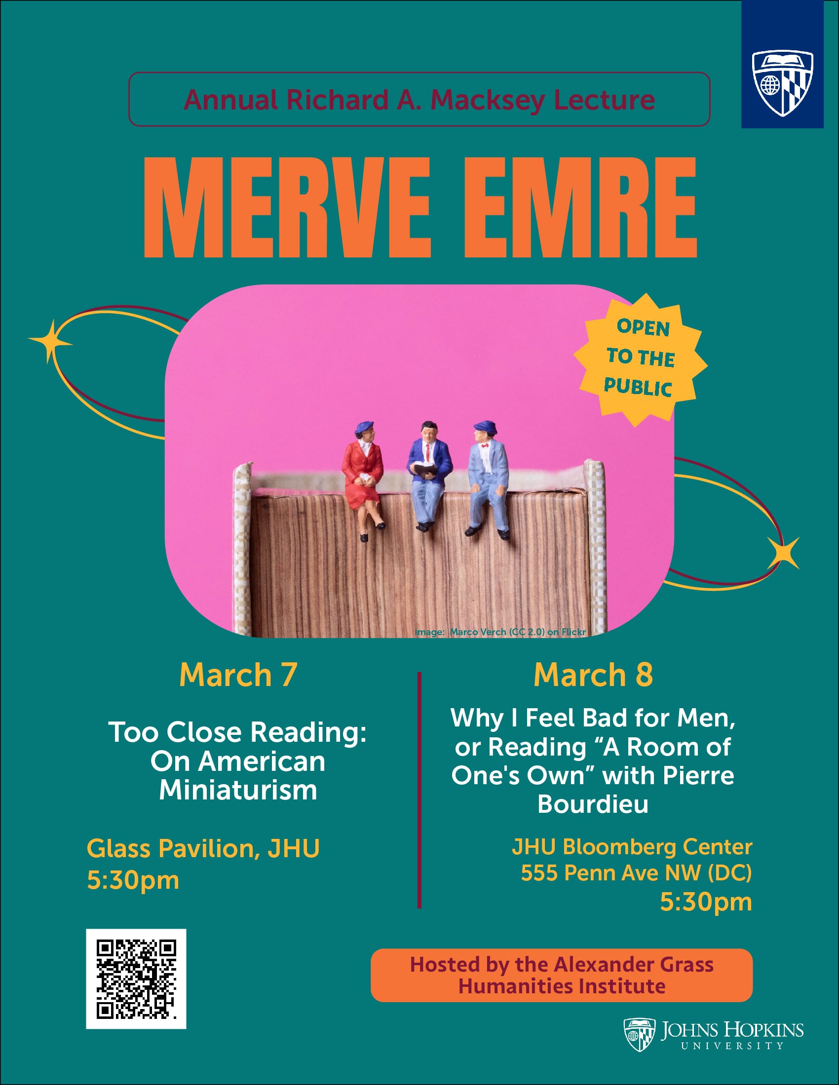 Poster Emre talks on March 7 and March 8, with QR code.