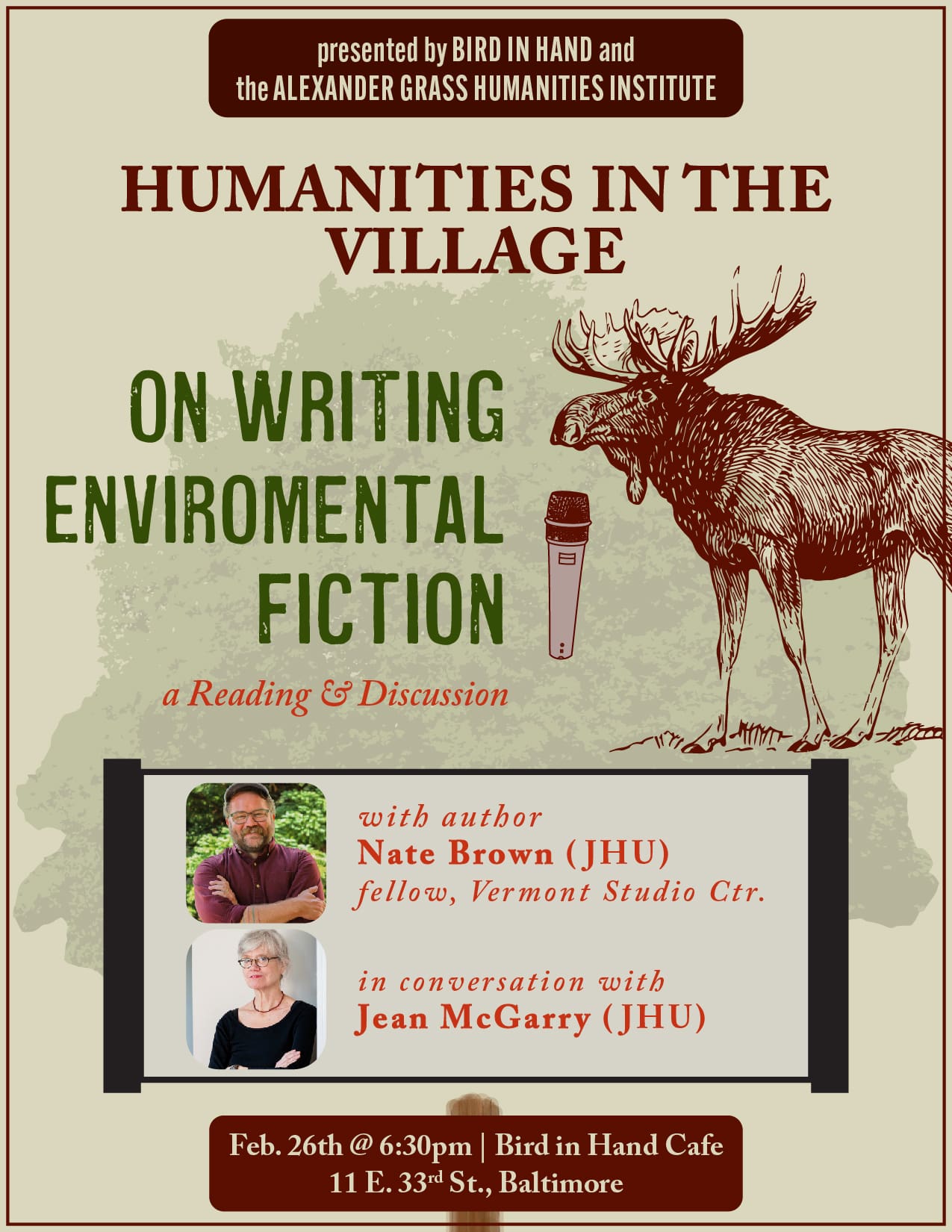 Poster for Humanities in the Village reading and discussion "On Writing Environmental Fiction," with illustration of a moose speaking into a mic.
